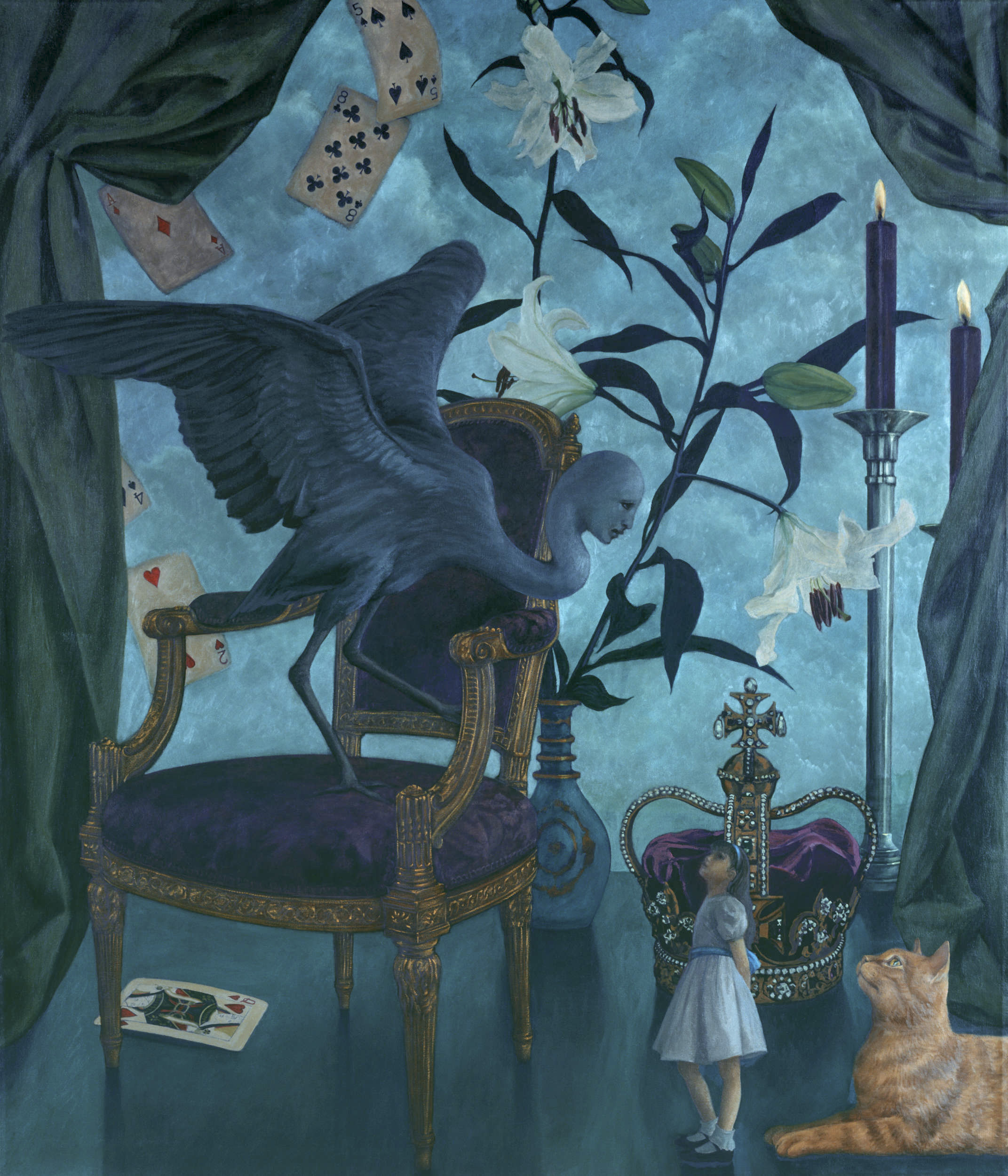 victorian chair, half human half bird figure, little girl in dress, giant cat, playing cards falling, curtain, crown, lilies, candles