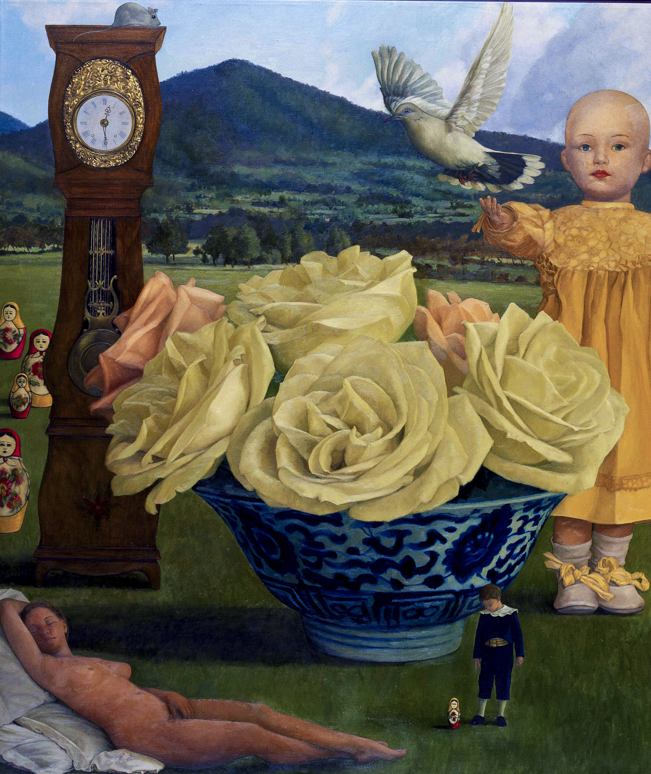 Giant doll, blue and white ceramic bowl holding white and pink roses, Russian dolls, grandfather clock, mouse, landscape with mountains and sky, dove flying, female nude, a diminutive prince 