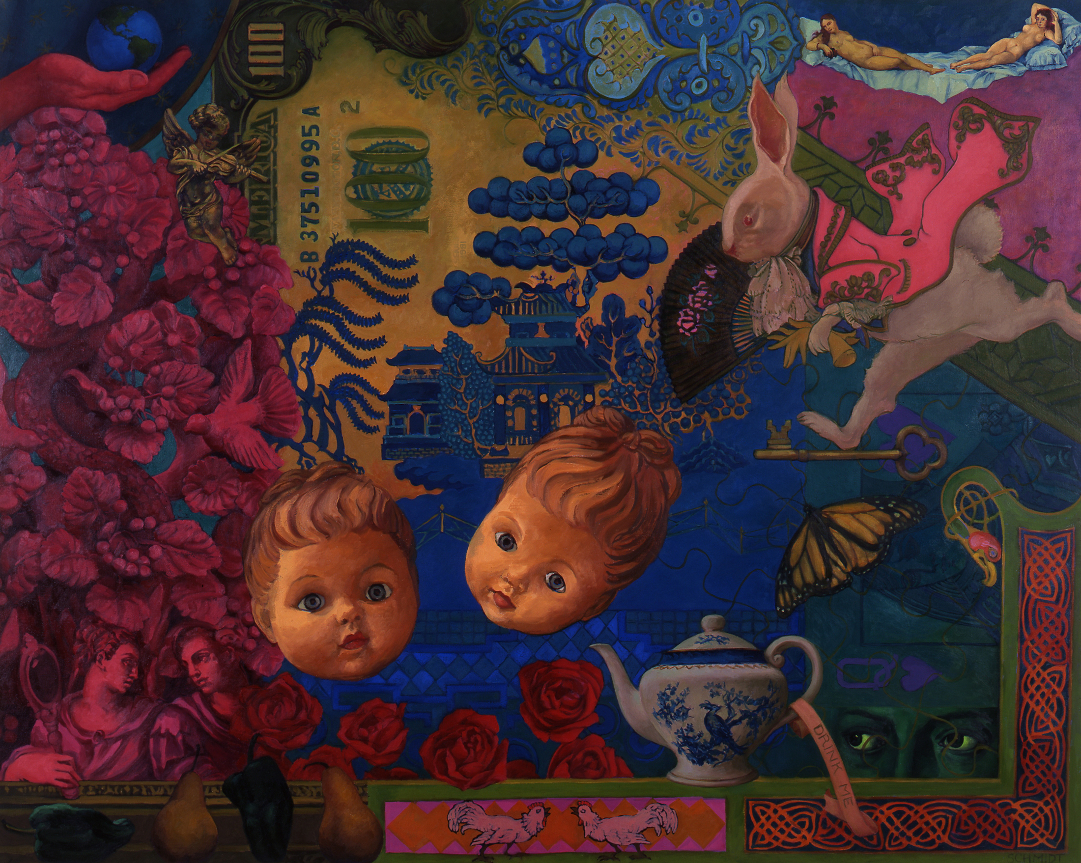 rabbit with fan (Alice in Wonderland) butterfly, teapot, tree of life, chiles and pears, blue willow china pattern, $100 bill, 