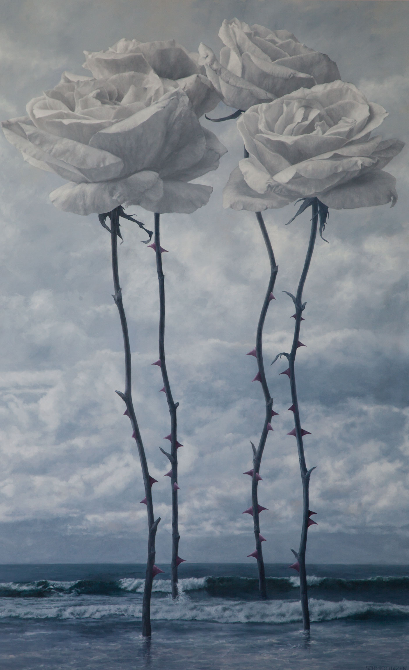 blue gray and white roses with sea