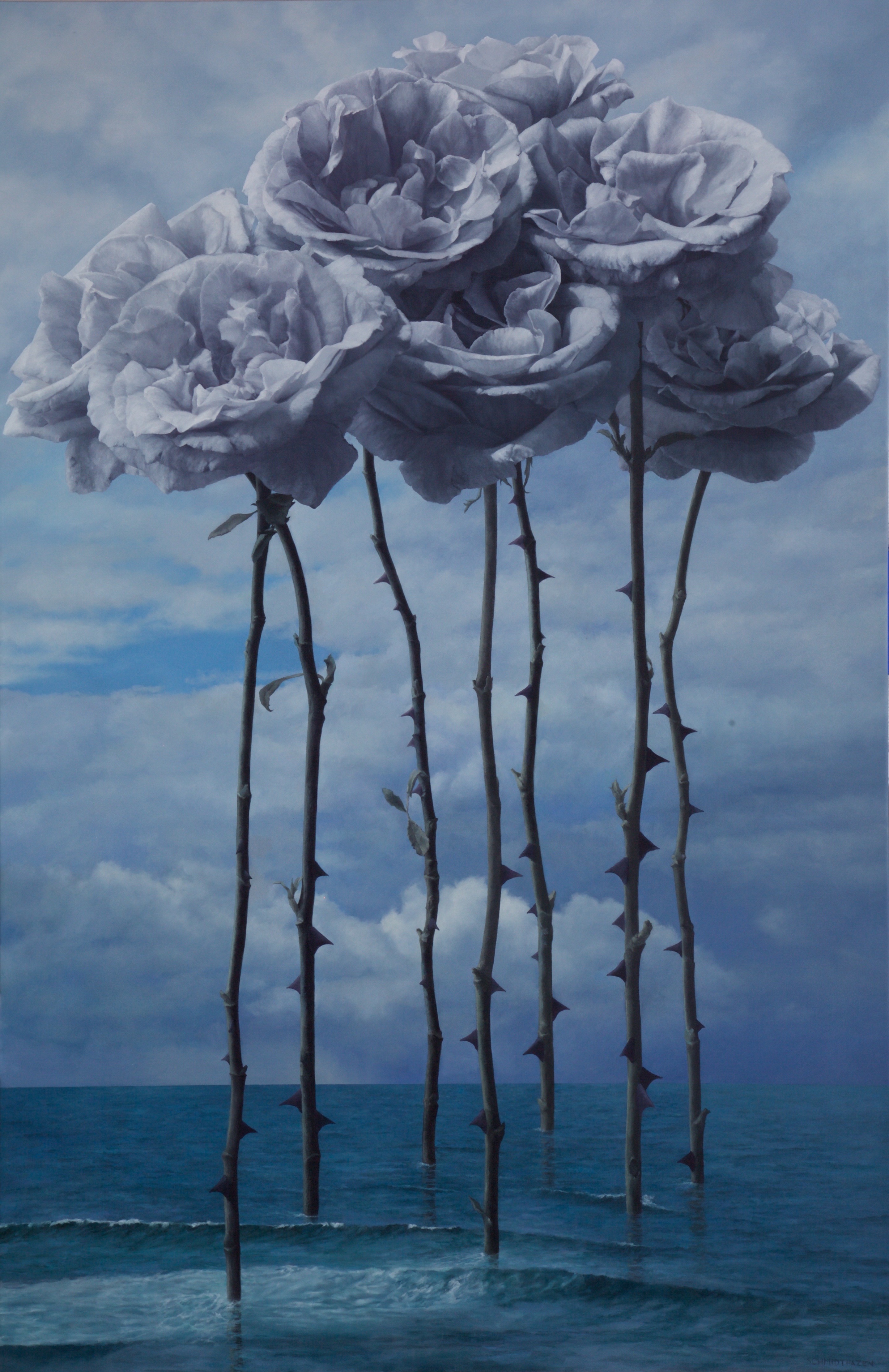 pale silver roses sea pale blue cloudy sky