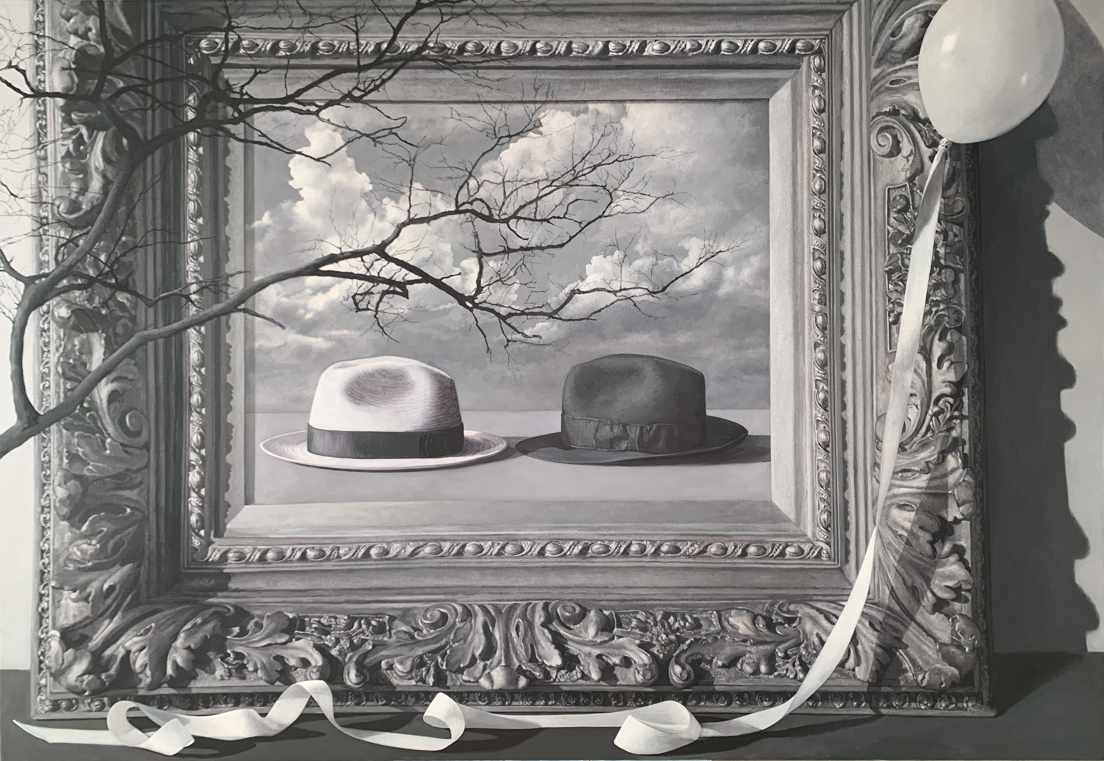 black and white, frame, white balloon, white fedora, black fedora, tree branches, stormy sky